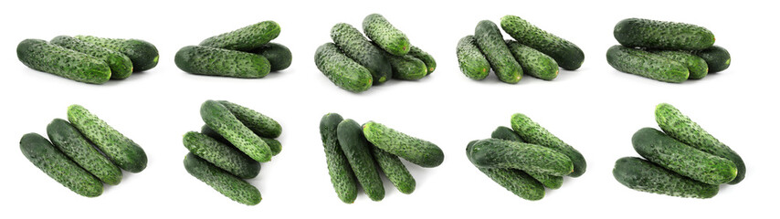 Fresh ripe cucumbers isolated on white, set