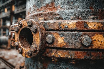 Rusty industrial pipe with bolts highlighting texture and age at an abandoned factory site