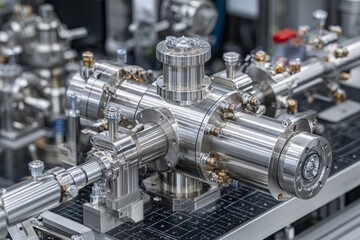Intricate stainless steel machinery showcased in a laboratory environment displaying advanced engineering techniques and technology in action