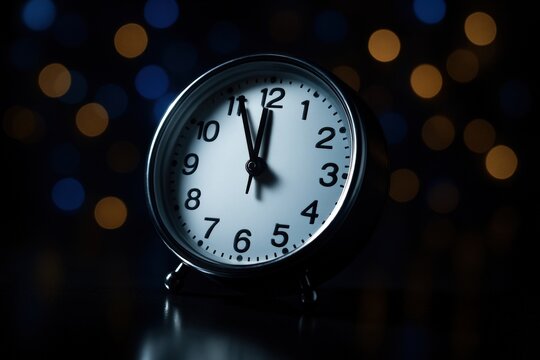 A round silver analog clock showing five minutes to midnight