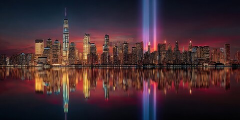 Obraz premium A panoramic view of a city skyline illuminated with tricolor lights at night