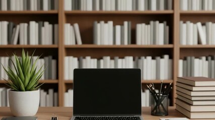 A modern workspace featuring a sleek laptop on a wooden desk surrounded by neatly stacked books a potted plant and stationery set against a backdrop of a tidy bookshelf ideal for productivity