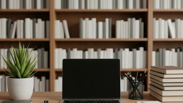 A modern workspace featuring a sleek laptop on a wooden desk surrounded by neatly stacked books a potted plant and stationery set against a backdrop of a tidy bookshelf ideal for productivity