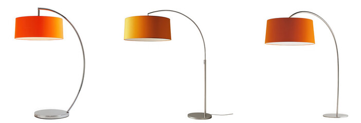 Three modern floor lamps with orange shades stand elegantly on a transparent background