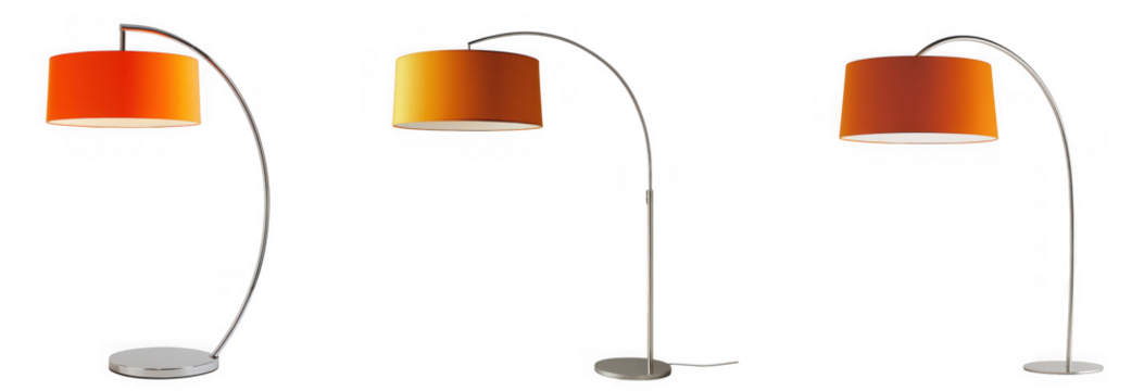 Three modern floor lamps with orange shades stand elegantly on a transparent background