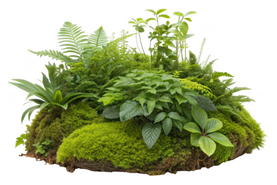 Lush green forest floor plant arrangement with ferns and moss isolated on transparent background