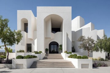 Obraz premium Modern architectural design of a striking white building with geometric features and landscaping in bright daylight