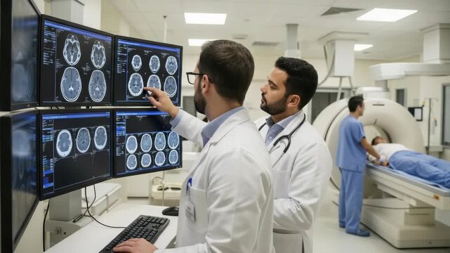 Two medical professionals analyzing brain scans on multiple monitors in a modern hospital radiology room while a patient undergoes a CT scan in the background showcasing advanced healthcare technology - Powered by Adobe