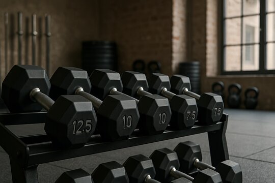  High-resolution image of a rack of hexagonal black dumbbells with clear weight markings in a professional gym. Blurred background includes kettlebells, barbells, and large windows with soft daylight.