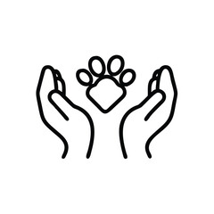 Outline icon of hands holding a paw and heart