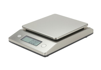 Digital kitchen scale with stainless steel platform isolated on transparent background