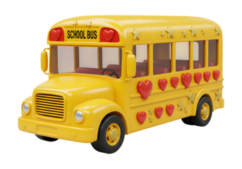 3D Plastic School Bus Icon with Stars and Hearts Representing Back to School Excitement