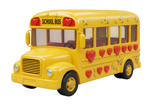 3D Plastic School Bus Icon with Stars and Hearts Representing Back to School Excitement