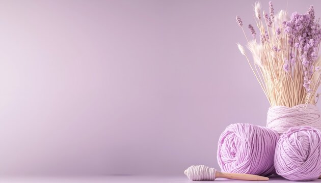 Purple lavender yarn balls with dried wheat and flowers on soft lilac background. Knitting wool materials arranged with botanical elements creating cozy crafting atmosphere for handmade projects