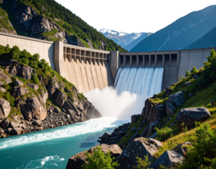Modern dam with cascading water over rocky terrain  