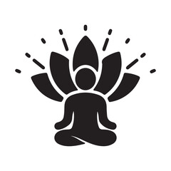 Meditation yoga lotus pose icon vector illustration silhouette spiritual wellness graphic with enlightenment energy burst and nature inspired elements design.