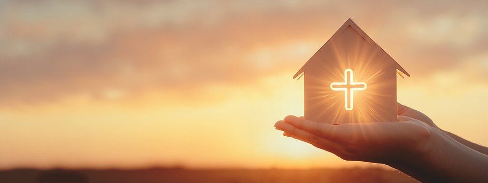 Hand holding wooden house with glowing cross at golden sunset creating divine protection concept. Religious home blessing with warm light rays symbolizing faith and spiritual shelter