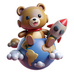 Naklejka premium Cute cartoon teddy bear astronaut sitting on planet earth holding a rocket isolated on transparent background
