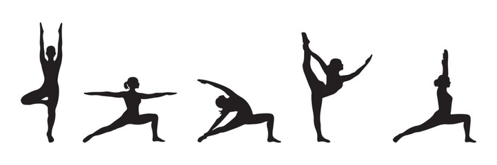 Yoga poses silhouette icon vector illustration set of women practicing flexibility balance stretching mindfulness healthy lifestyle peaceful exercise design concept.