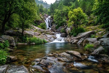 Obraz premium Scenic view of a tranquil waterfall flowing over mossy rocks into a natural pool, surrounded by vibrant green forest and rugged terrain. A peaceful nature scene ideal for themes of relaxation, outdoor