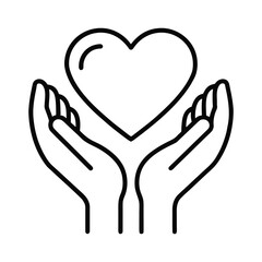 Outline icon of hands holding a heart on white background