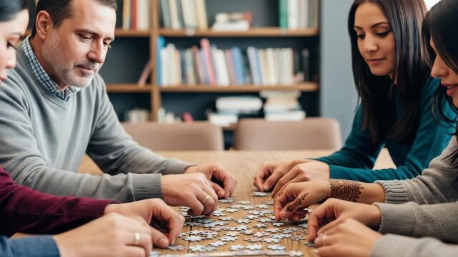 A group of friends enjoying a collaborative puzzle-solving session around a wooden table surrounded by bookshelves filled with books creating a cozy and engaging atmosphere for social interaction