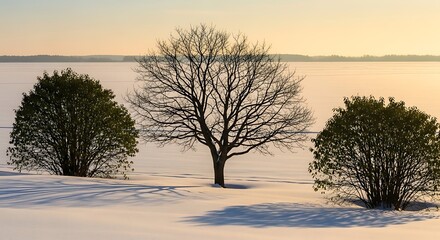 Bare tree and bushes in a snowy landscape at sunset