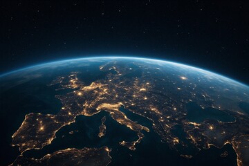 Stunning satellite view of Europe at night with glowing city lights and starry sky