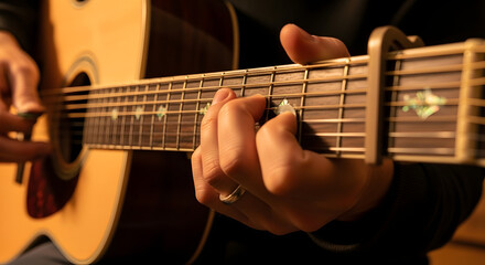 Fototapeta premium Guitar Harmony: A skilled hand expertly strums the strings of an acoustic guitar, composing a beautiful melody with a sense of creativity.