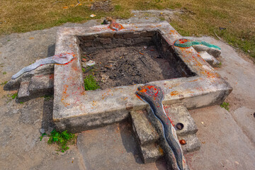 Yagna Kundam, agni kundam, Homa Kundam, Yagna, Yajna, Agni Hotra Yagya Kund, Havan Kund at The Biggest Statue of Hindu God Amman, Parasathamman Temple, Thaiyur Village, Near Kelambakkam, Tamilnadu.