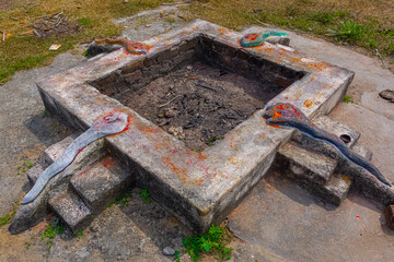 Yagna Kundam, agni kundam, Homa Kundam, Yagna, Yajna, Agni Hotra Yagya Kund, Havan Kund at The Biggest Statue of Hindu God Amman, Parasathamman Temple, Thaiyur Village, Near Kelambakkam, Tamilnadu.