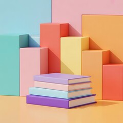 Fototapeta premium Colorful Books Stacked on a Light Orange Surface with Playful Geometric Shapes Background Education and Learning Concept