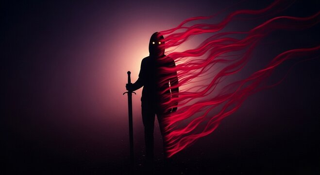 Mysterious hooded warrior with a sword surrounded by red magic energy - Powered by Adobe