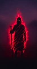 A hooded warrior silhouette with red energy aura holding a sword in the dark