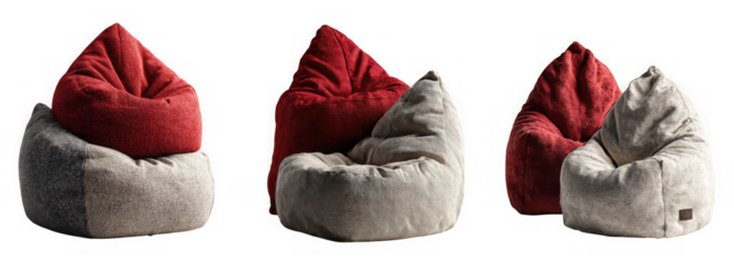 Three cozy and modern beanbag chairs in red and gray colors isolated on a transparent background provide comfortable seating