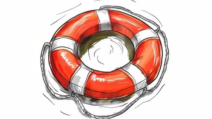 A floating life preserver in the ocean or pool, suitable for illustrations on safety, rescue, and emergency themes