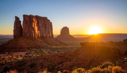 Fototapeta premium Sunrise Over Desert Buttes Landscape with Golden Light