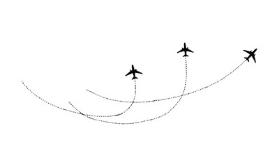 Scalable vector illustration featuring three airplanes flying along different dashed flight paths, Airplane with a dotted line route, A flying plane with twisted, curved, easily editable