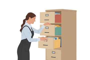 A woman in a uniform is opening drawers in a filing cabinet to search for documents isolated on white background