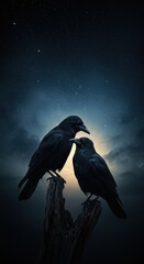 Two crows perched on a stump under stars