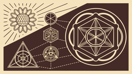 Sacred geometry symbols with sunflower. Spiritual esoteric pattern, universe, nature, science, harmony connection.