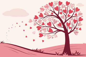 Fototapeta premium A love tree with heart shaped leaves and a soft pink sky vector illustration