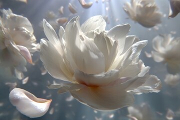 Delicate white flowers floating gracefully in serene underwater light at a tranquil ocean depth