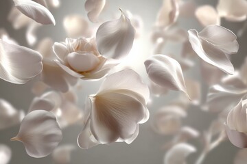 Floating white flower petals creating a serene atmosphere in a soft-lit background