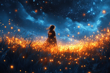 Fototapeta premium Girl surrounded by fireflies in a grassy field.