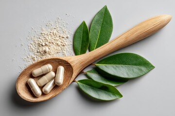 Natural supplements in wooden spoon with leaves and powder placed on light surface