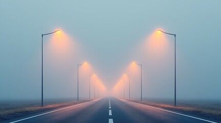Foggy road with glowing streetlights vanishing into mist image