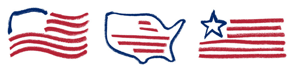 Simple American Flag Icons Crayon Chalk Drawing Doodle Vector Set © Grunge Designs