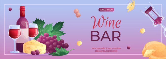 Promo banner design template for a wine bar. Wine glass, bottle, grapes, corkscrew, cheese. The concept of wine drinks and tastings. Vector illustration for posters, banners, flyers
