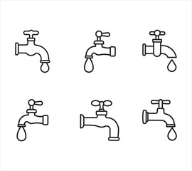 Collection of minimalist water tap line icons representing water usage and conservation in a simple design